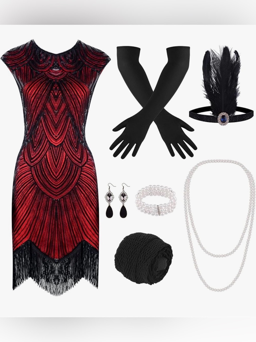 1920s Dress Sequin Fringed Gatsby Flapper Cocktail with 20s Accessories Set